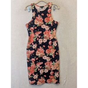 Iris Women's Size L Navy Blue Floral Bodycon Sheath Dress Rose Print High Neck